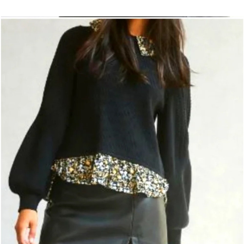 Anthropologie Maeve pullover black with floral twofer sweater Balloon Sleeves XS